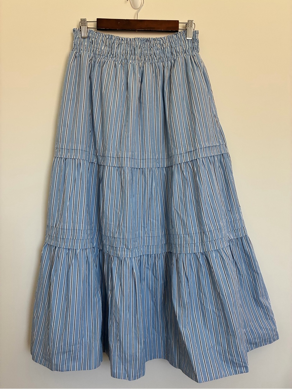 Quince Organic cotton Poplin Tiered A-Line Maxi Skirt Light Blue Tribeca stripe
